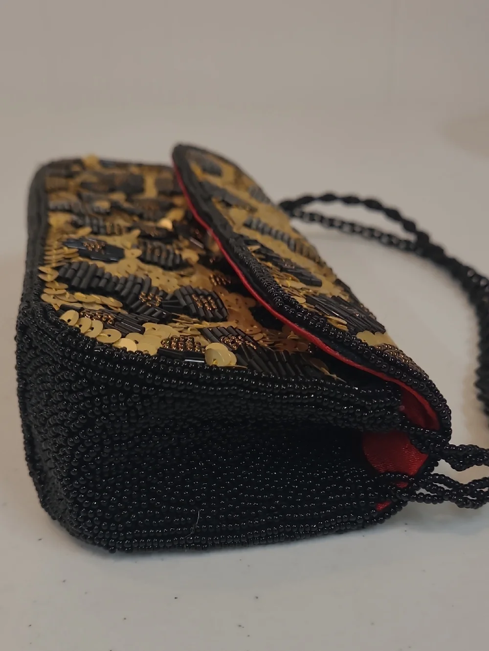 Inge Christopher Sequin Leopard Print Clutch Shoulder or Wrist Bag Black & Gold